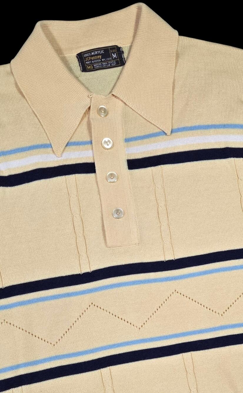 70s Acrylic Polo Shirt Vintage Stripes Knit Yellow Casual JCPenny Medium Preppy